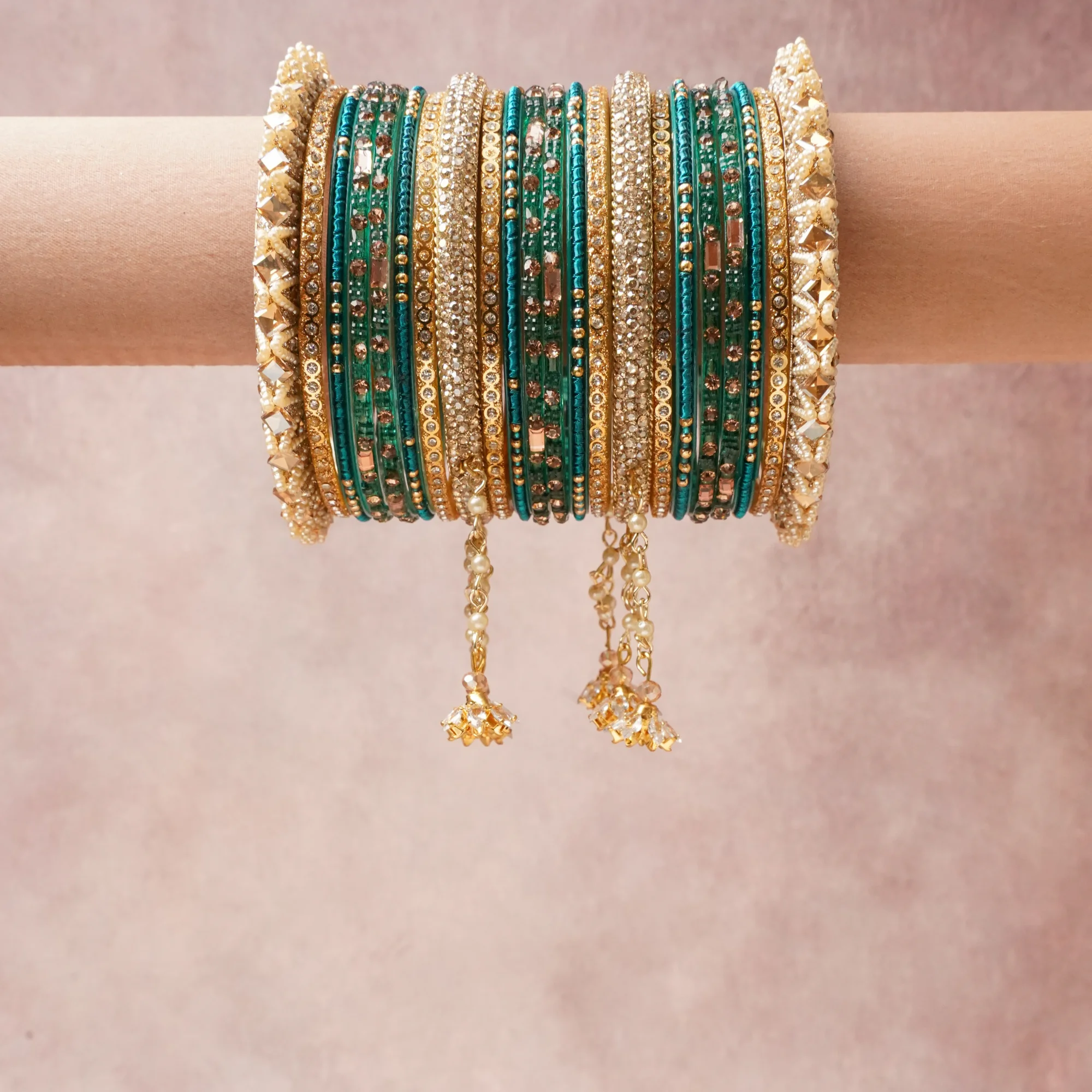 A commanding Deep Emerald Green anchors this beautiful set, enriched with accents of Pearl White, Champagne, Rose Gold that add depth and dimension.

Featuring a striking composition of Gold-Toned Metal, Enamel/Lacquered Glass, Crystal, Faux Pearl, Glass Beads, this set carries intricate craftsmanship and strong presence. Grand in form, it is created for moments that deserve to be marked.